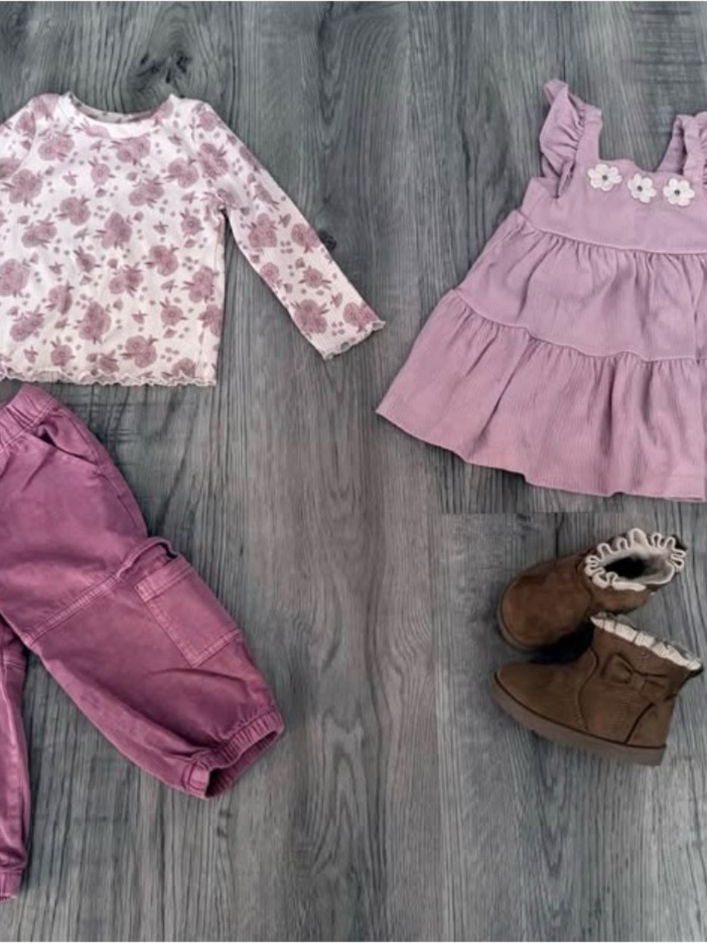 Girls Pink Floral Top, Mauve Dress & Pink Pants Outfit Set